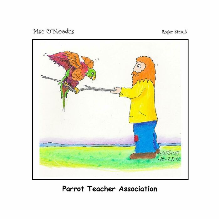 Cartoon of a man holding a stick with a parrot, illustrating playful Mac O’Moodus comics featuring puns.