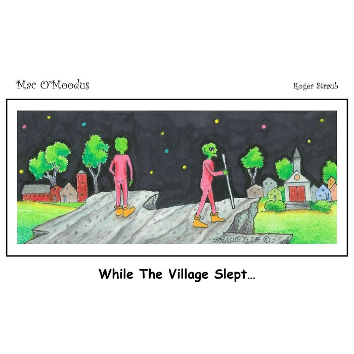 Mac O'Moodus comics by Roger Straub showing two green-faced characters walking at night near a village and church.