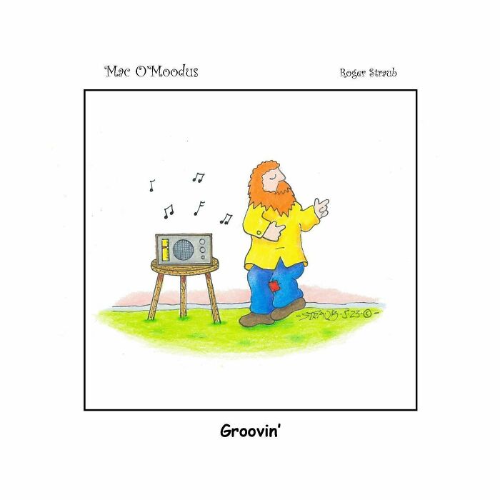 Colorful Mac O Moodus comic by Roger Straub showing a bearded man grooving next to a radio with musical notes floating around.