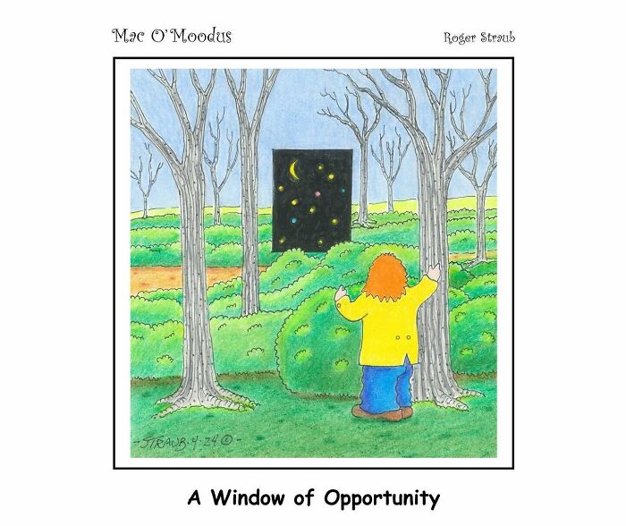 Mac O’Moodus comic by Roger Straub showing a character facing a starry night window in a forest, highlighting playful puns.