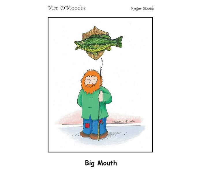 Mac O’Moodus comic by Roger Straub shows a bearded man holding a spear beneath a mounted big fish with a big mouth.