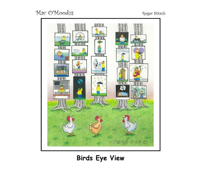 Mac O’Moodus comic panels hanging on trees with three chickens looking up, showcasing playful pun illustrations by Roger Straub.