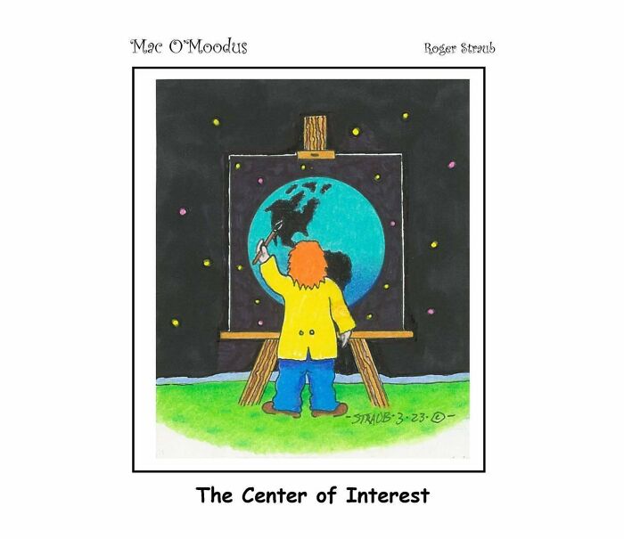 Mac O’Moodus comic by Roger Straub showing a character painting Earth on a canvas under a starry sky.