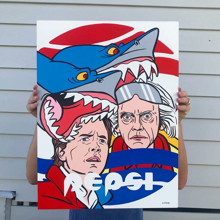 Pop culture and cartoon character mash-up artwork featuring iconic movie characters with a shark in vibrant colors.