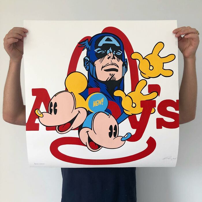 Person holding pop culture and cartoon character mash-up artwork featuring Captain America and cartoon heads.