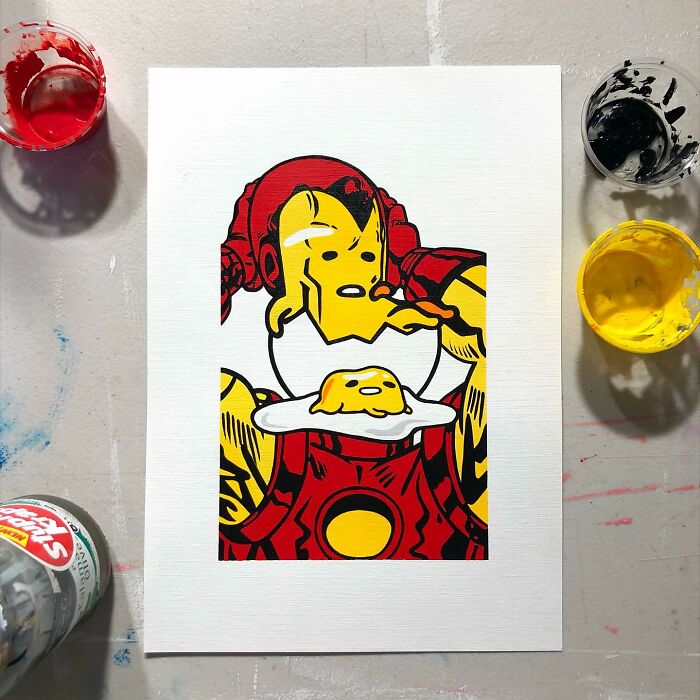 Pop culture and cartoon character mash-up artwork featuring a colorful painting of Iron Man and a fried egg.