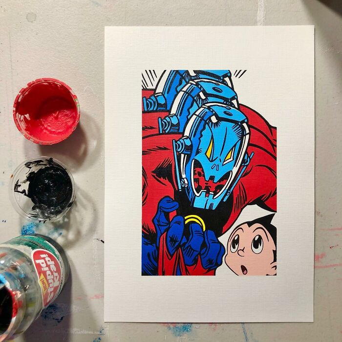 Pop culture and cartoon character mash-up artwork featuring a robotic figure and a surprised boy in vibrant colors.