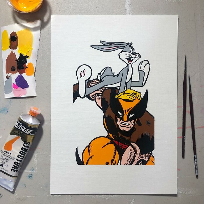 Pop culture and cartoon character mash-ups artwork featuring Bugs Bunny and Wolverine with painting tools nearby.
