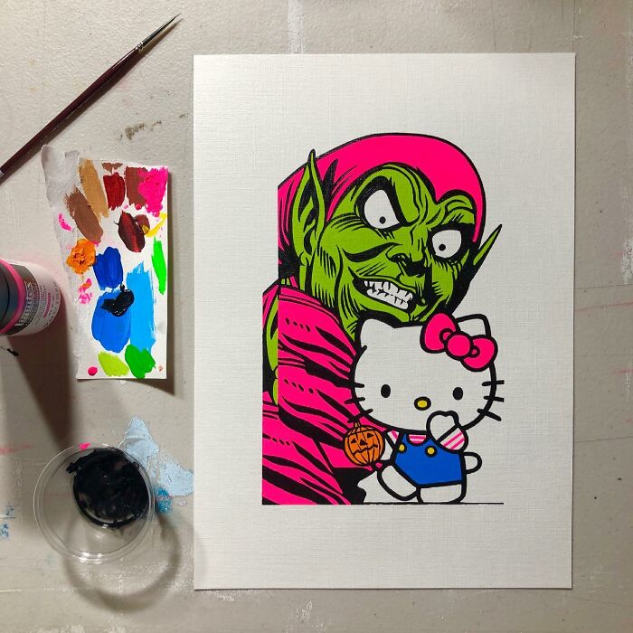 Pop culture and cartoon character mash-up artwork featuring a green goblin hugging Hello Kitty with vibrant colors.