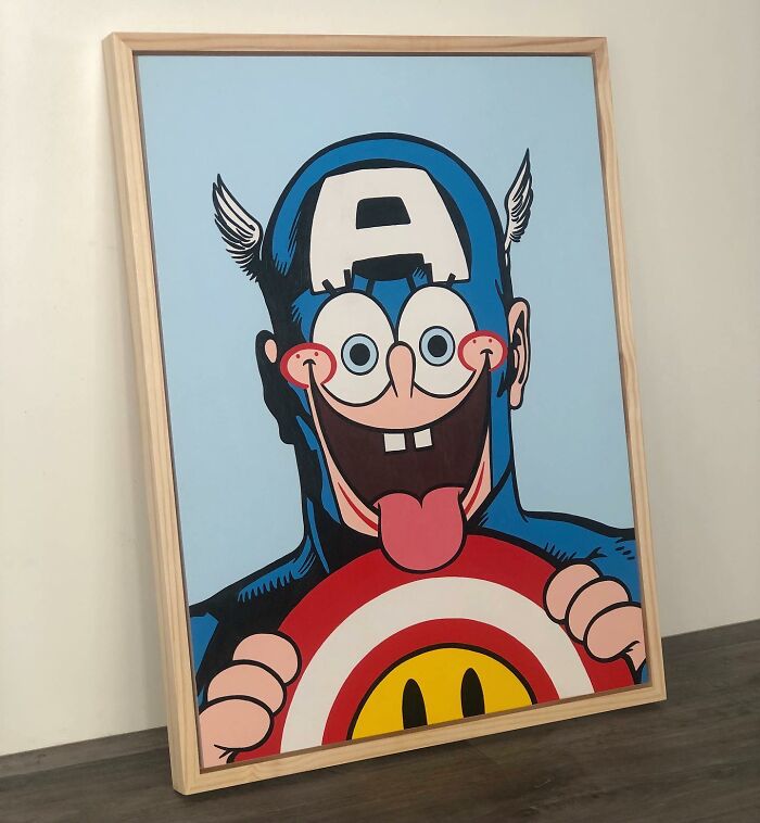 Artwork of pop culture and cartoon character mash-up featuring a playful Captain America with exaggerated facial features.