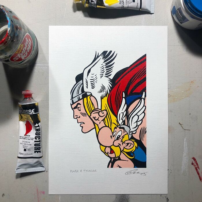 Pop mash artwork showing a creative mash-up of pop culture and cartoon characters with bold colors and detailed lines.