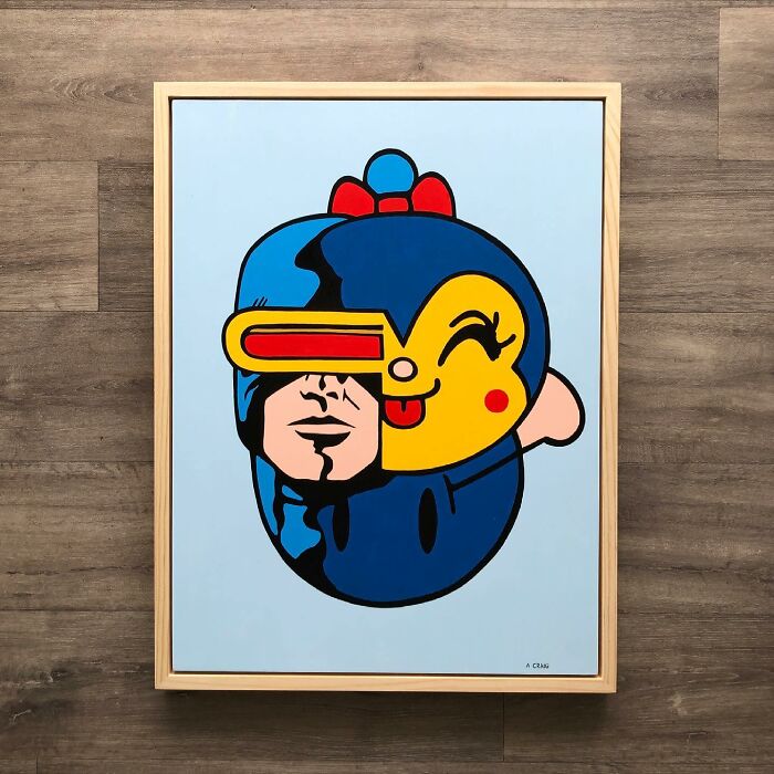 Pop culture and cartoon character mash-up artwork combining Cyclops and a smiling cartoon face in a framed painting.