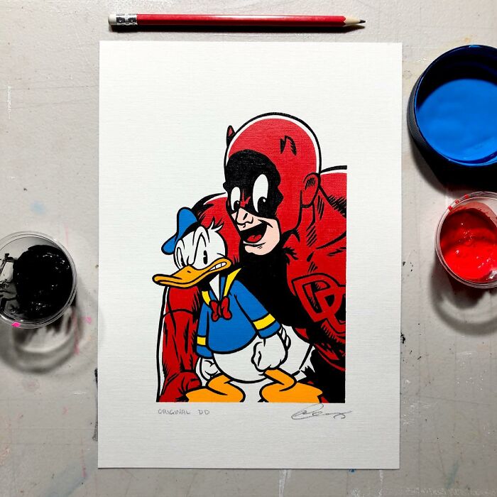 Pop culture and cartoon character mash-up artwork featuring Donald Duck and Daredevil in vibrant colors on white paper.