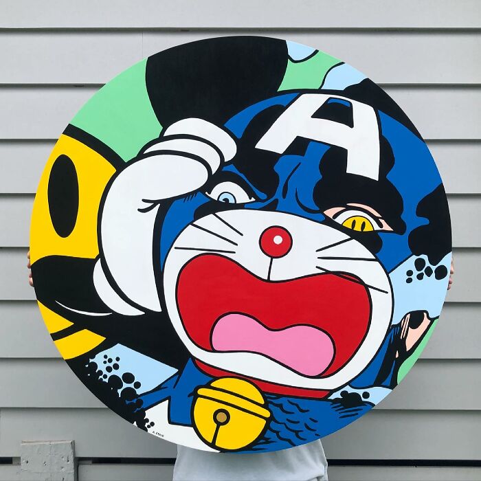 Pop culture and cartoon character mash-up art featuring a colorful, stylized blend of iconic figures in a round design.