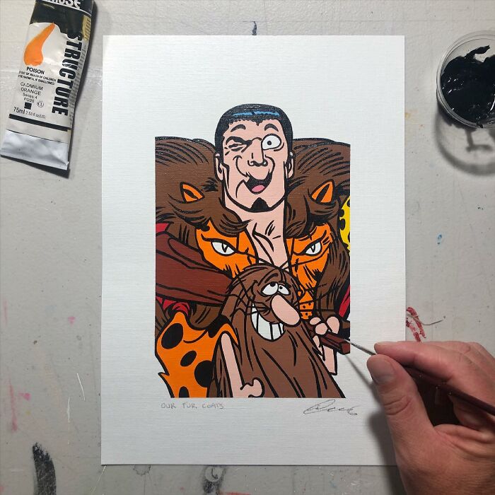 Hand painting a colorful pop culture and cartoon character mash-up artwork combining multiple iconic figures.