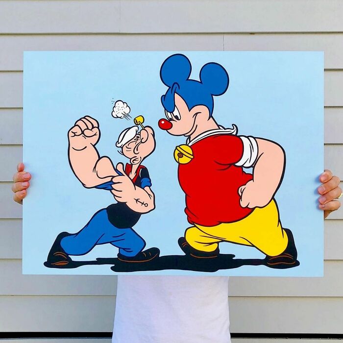 Pop culture and cartoon character mash-up artwork showing Popeye facing a Mickey Mouse-inspired figure.