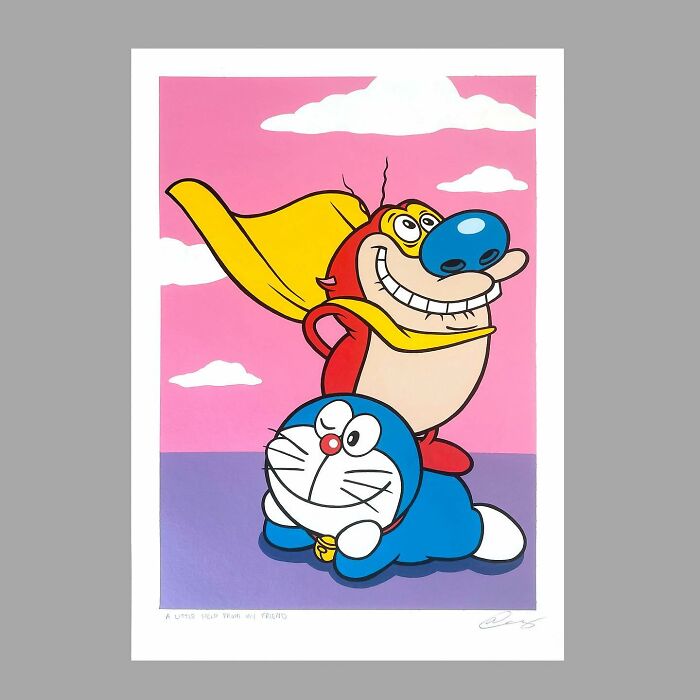 Pop culture and cartoon character mash-up artwork featuring colorful animated heroes in a playful scene.