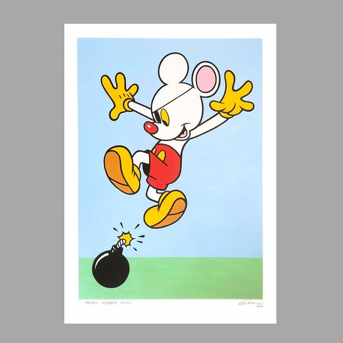 Pop culture and cartoon character mash-up of a mouse jumping over a lit b**b in colorful artwork called Pop Mash.