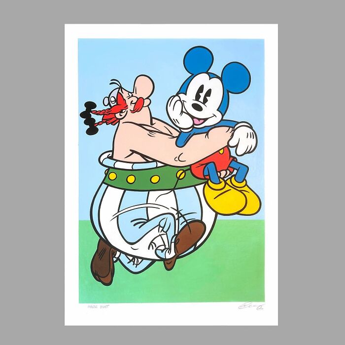 Pop culture and cartoon character mash-up artwork showing a unique blend of two iconic characters in a colorful style.