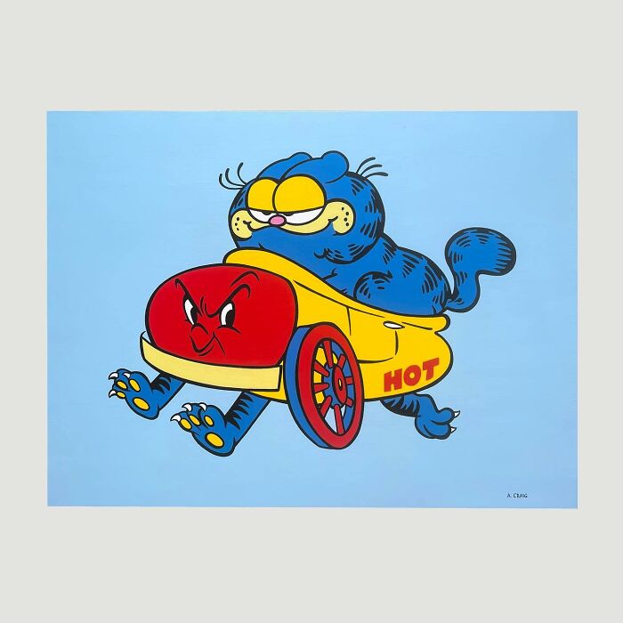 Pop culture and cartoon character mash-up artwork featuring a blue cat with a red hot dog car on a light blue background.