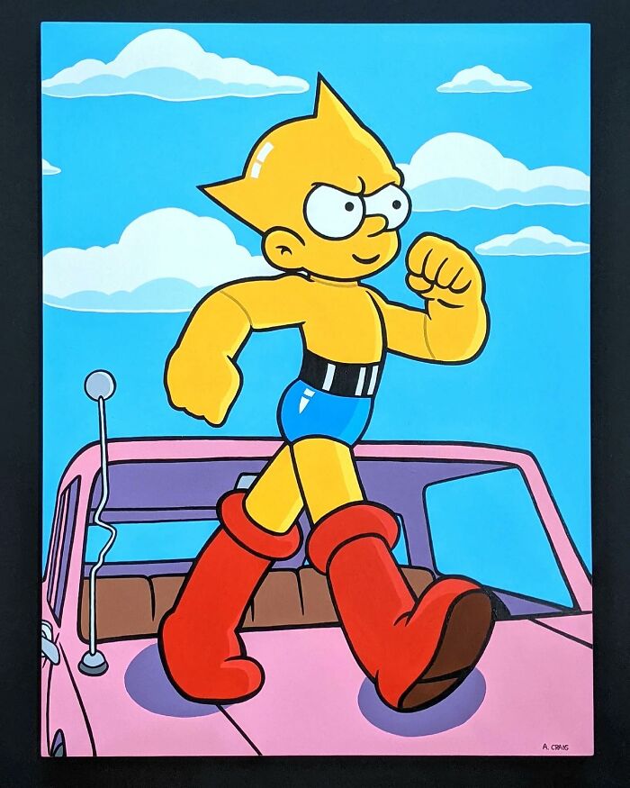 Pop culture and cartoon character mash-up artwork featuring a bold, stylized figure walking on a pink car roof.