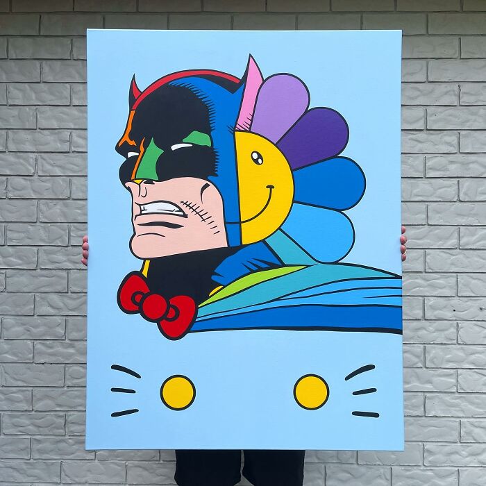 Pop culture and cartoon character mash-up artwork featuring a colorful hybrid face with bold, graphic style.