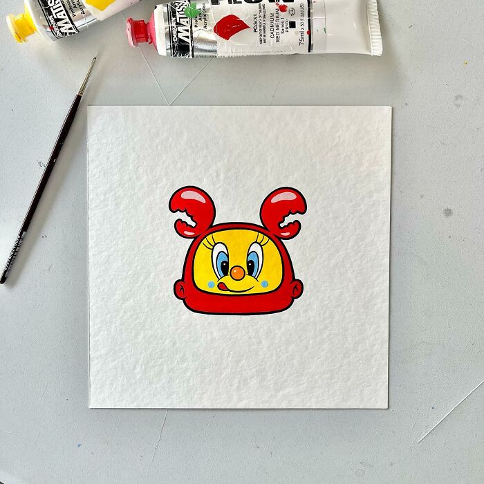 Pop culture and cartoon character mash-up painting on paper with red crab claw headgear and yellow face.