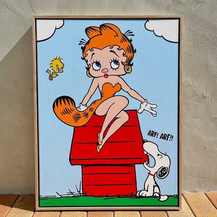 Pop culture and cartoon character mash-ups artwork featuring a hybrid character on Snoopy’s doghouse with Woodstock nearby.