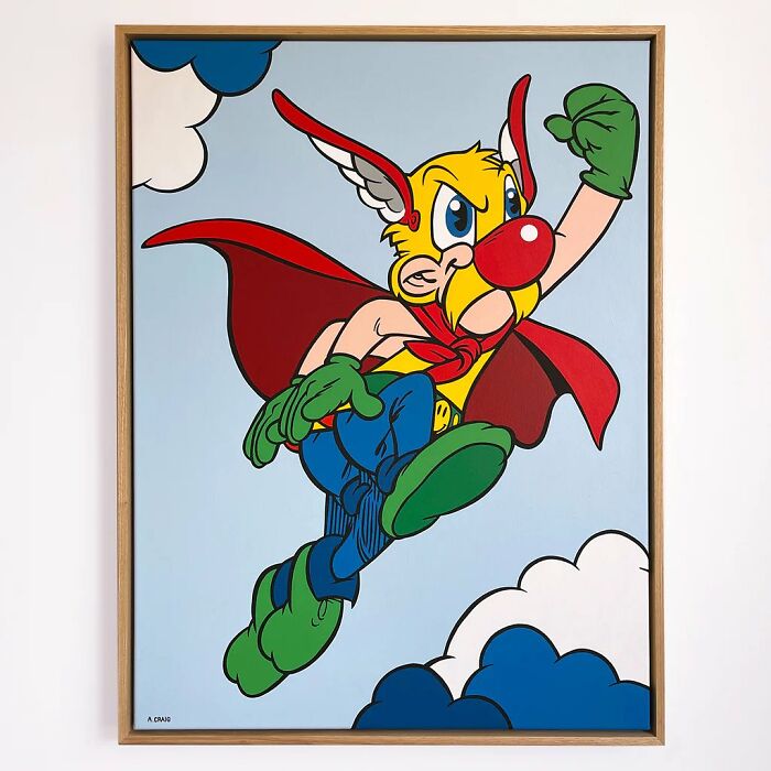 Pop culture and cartoon character mash-ups artwork showing a colorful superhero figure flying against a blue sky with clouds.