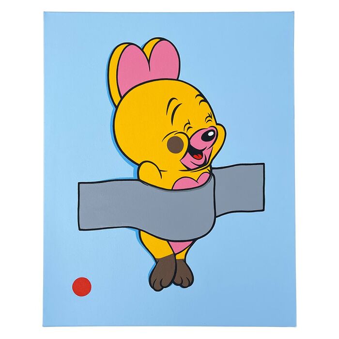 Pop culture and cartoon character mash-up artwork featuring a colorful, playful animated figure on blue background.