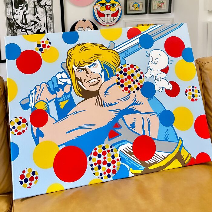 Colorful pop culture and cartoon character mash-up artwork featuring vibrant patterns and dynamic posing.