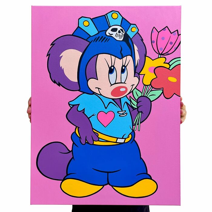 Pop culture and cartoon character mash-up artwork featuring a colorful, stylized mouse holding flowers against a pink background.