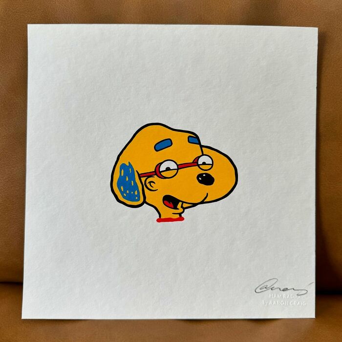 Pop culture and cartoon character mash-up artwork featuring a quirky dog with glasses in vibrant colors.
