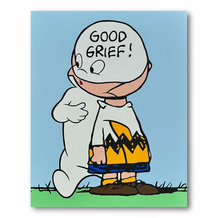Pop culture and cartoon character mash-up artwork featuring a white ghost figure with Good Grief text.