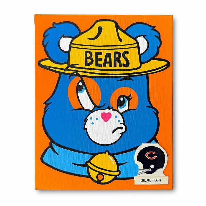 Blue cartoon bear character wearing a yellow Chicago Bears hat and collar, pop culture cartoon mash-up artwork.