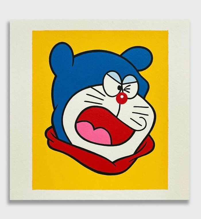 Pop culture and cartoon character mash-up artwork featuring a colorful, stylized face on a yellow background.