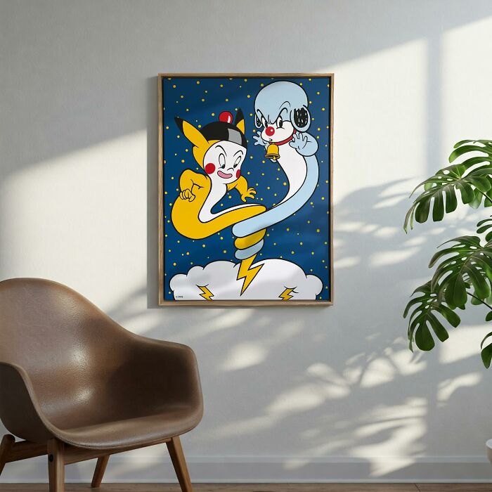 Pop culture and cartoon character mash-up artwork titled Pop Mash displayed on a wall in a modern room.