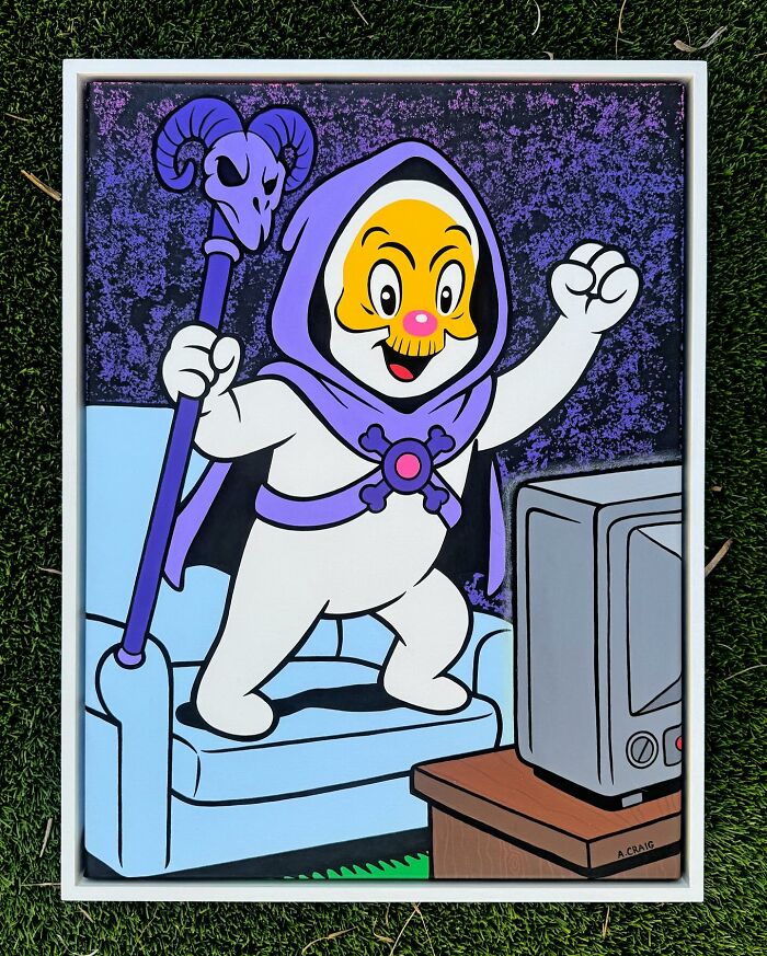 Colorful pop culture and cartoon character mash-up artwork featuring a whimsical figure with a skull staff and hood.