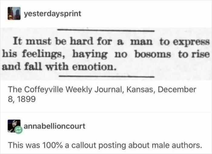Old newspaper clipping on men expressing feelings with comment on male authors misunderstanding women, vintage text from 1899.