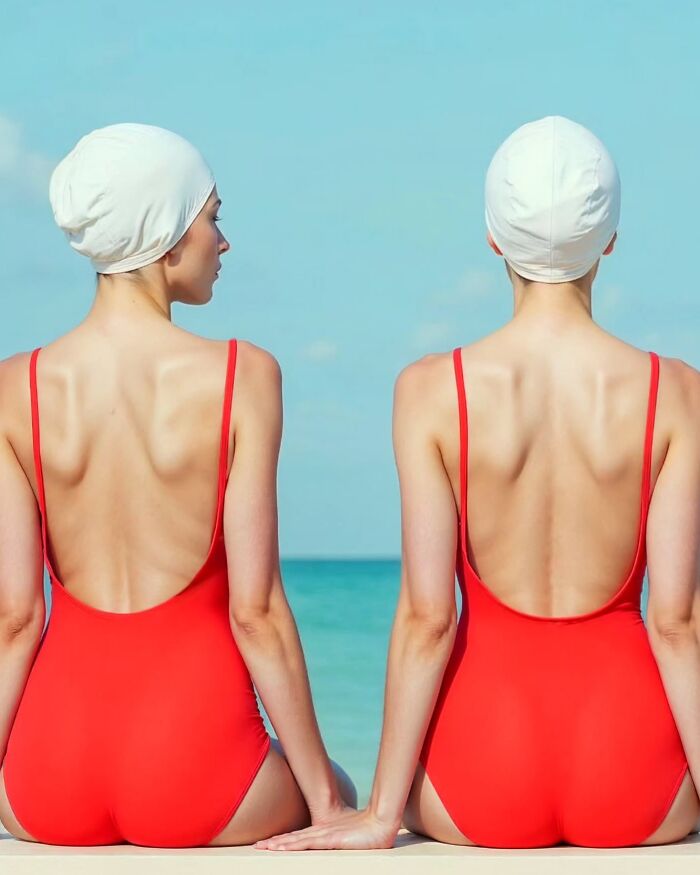 Two women in red swimsuits and white swim caps sitting by the sea in dreamy minimalist photos with a peaceful escape vibe.