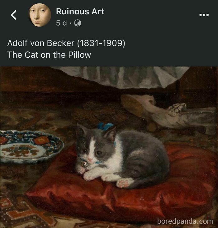 Medieval cats depicted in a classic painting featuring a gray and white cat resting on a red pillow indoors.