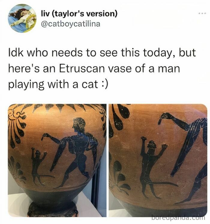 Etruscan vase showing a man playing with a cat, illustrating medieval cats and human fascination with cats.