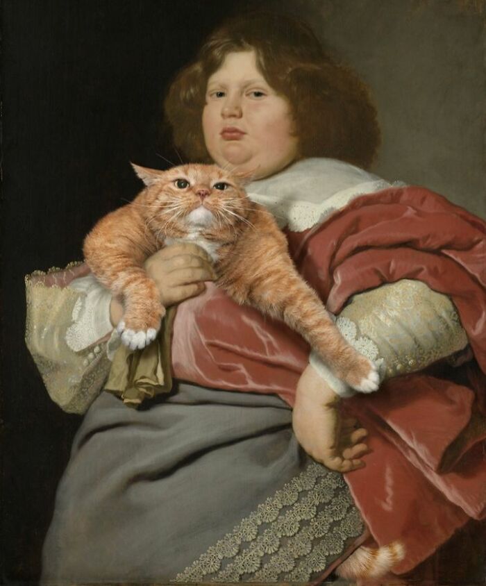 Medieval cats depicted in a classical painting with a person holding a large orange tabby in historical attire.