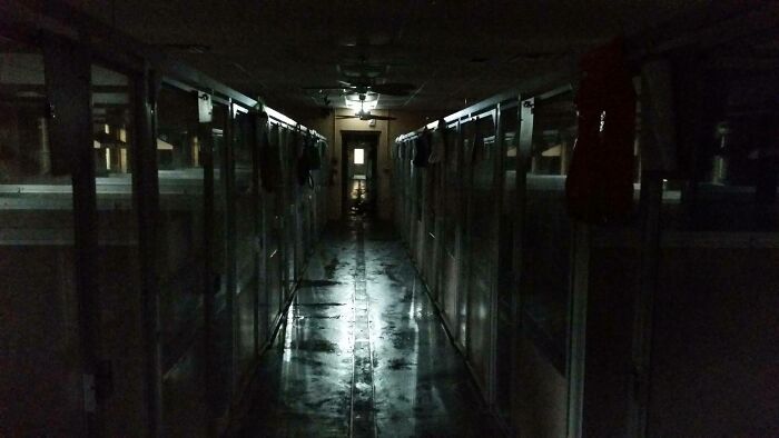Dimly lit narrow hallway in a workplace, illustrating creepy and unsettling conditions related to jobs that should pay more.