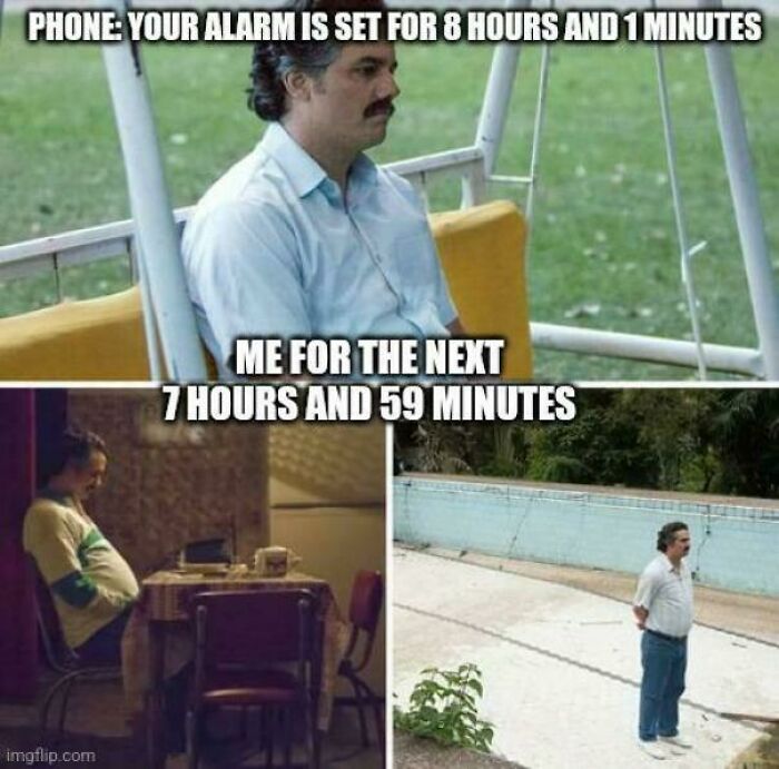 Man looking bored and restless in various settings, illustrating funny insomnia memes about sleeplessness and brain activity.