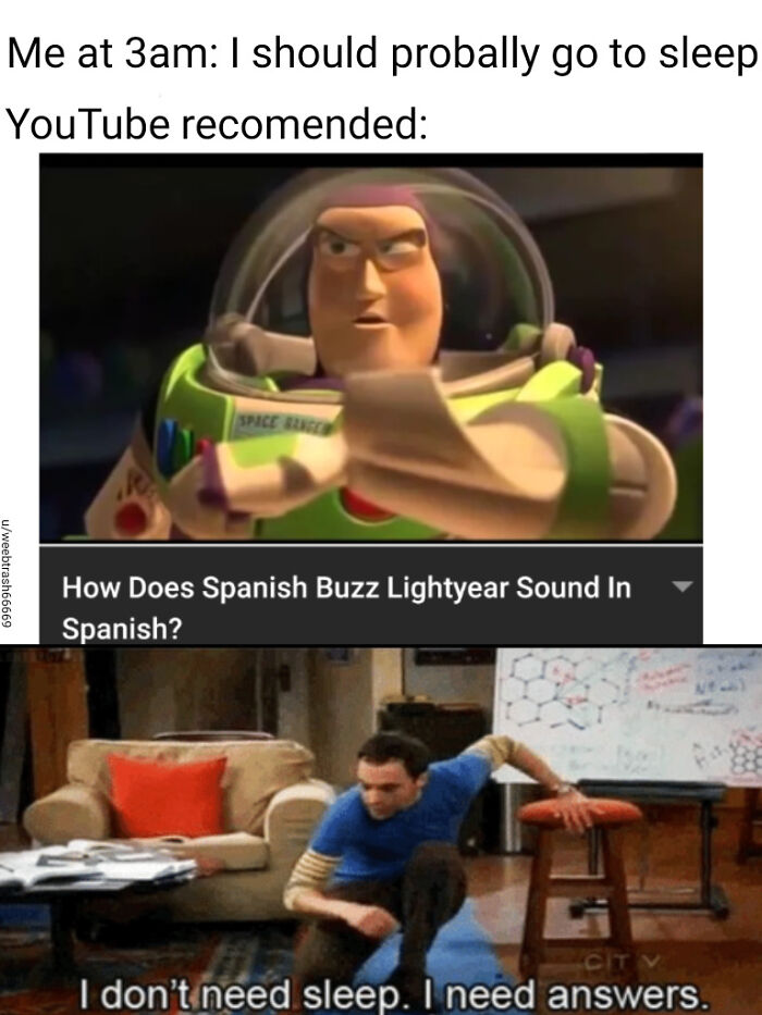Meme showing a frustrated Buzz Lightyear and a man saying I don’t need sleep, related to insomnia memes.