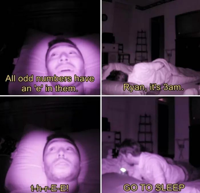 Man struggling to sleep at 3am, thinking about odd numbers, captured in a funny insomnia meme style.