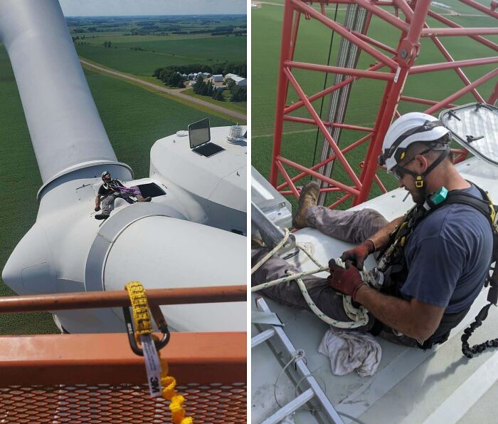 Wind turbine worker performing maintenance high above farmland, showcasing one of the jobs that should pay more based on unsettling photos.