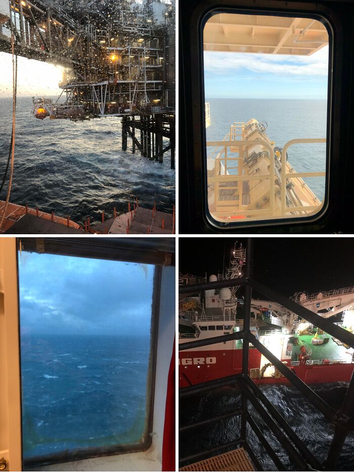 Views from offshore oil rig and ship windows showing rough seas and industrial equipment for jobs that should pay more.