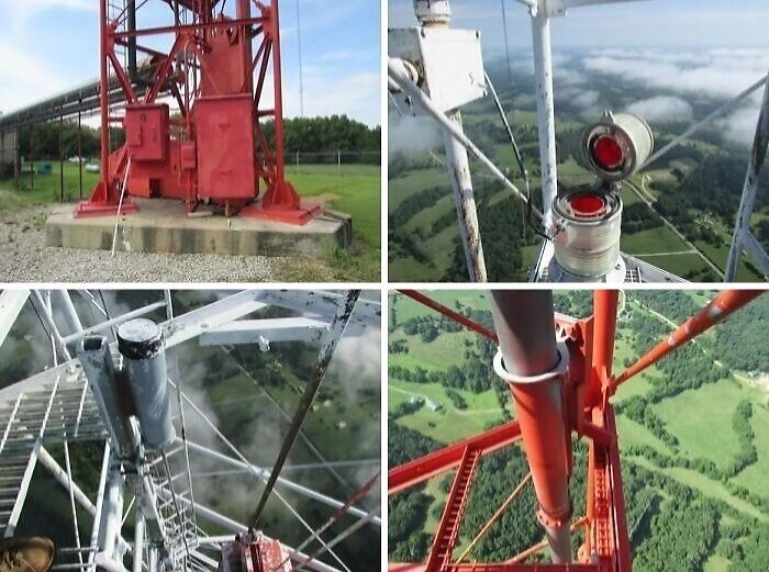 Views from high on a communication tower showing unsafe working conditions related to jobs that should pay more.